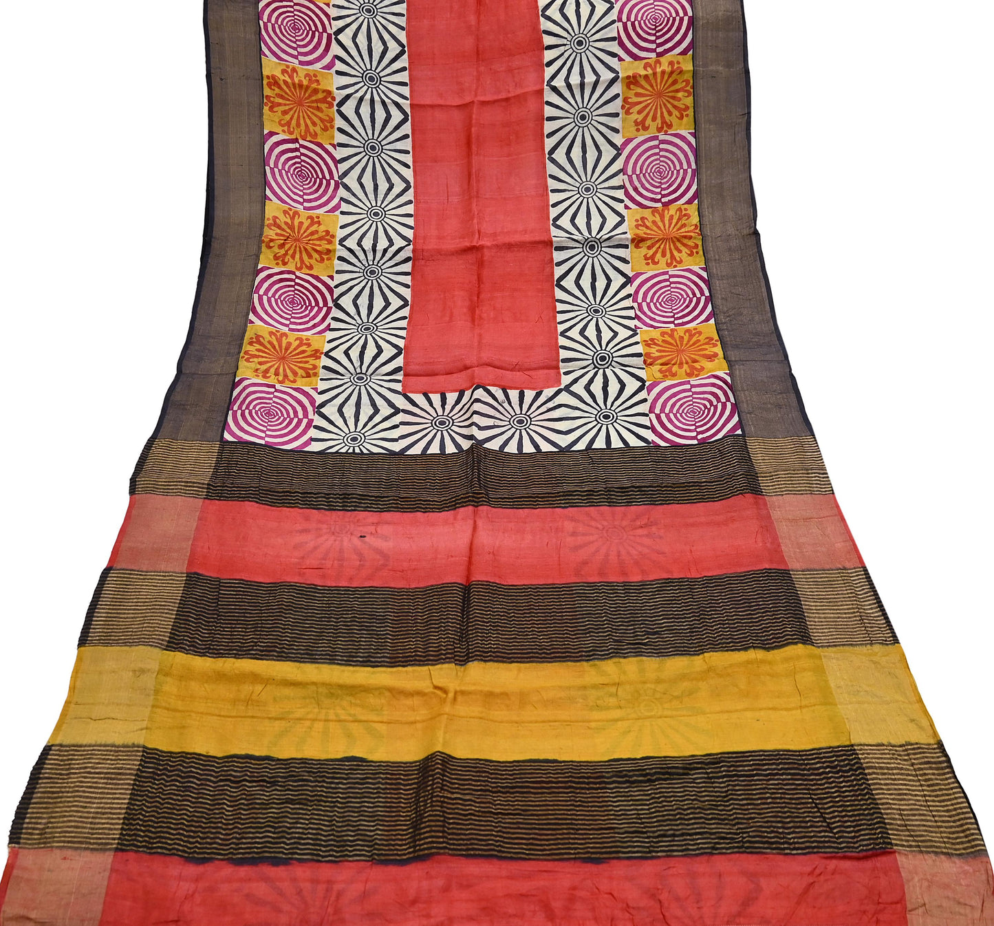 Indian Vintage Heavy Sari Red & Black Pure Khadi Silk Handloom Saree Craft Fabric 5yd Ethnic Wear Dress making For Crafting Quilting