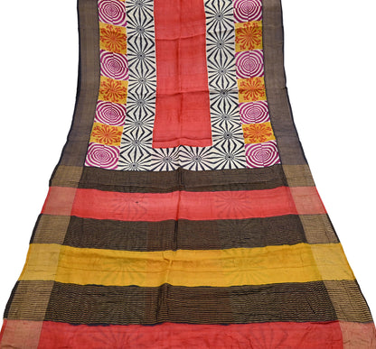 Indian Vintage Heavy Sari Red & Black Pure Khadi Silk Handloom Saree Craft Fabric 5yd Ethnic Wear Dress making For Crafting Quilting