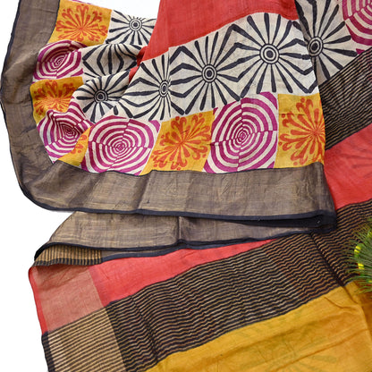 Indian Vintage Heavy Sari Red & Black Pure Khadi Silk Handloom Saree Craft Fabric 5yd Ethnic Wear Dress making For Crafting Quilting