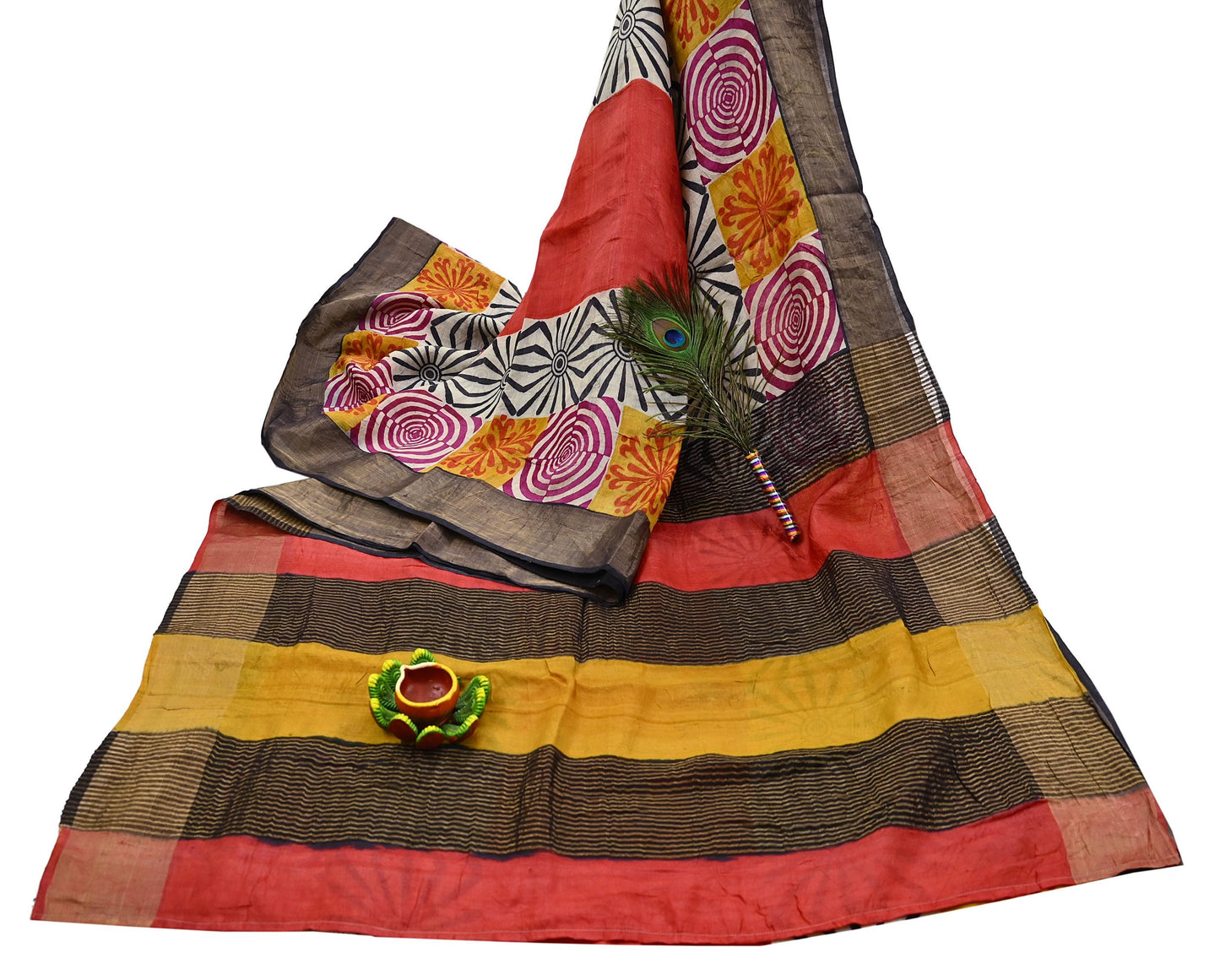 Indian Vintage Heavy Sari Red & Black Pure Khadi Silk Handloom Saree Craft Fabric 5yd Ethnic Wear Dress making For Crafting Quilting