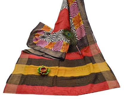 Indian Vintage Heavy Sari Red & Black Pure Khadi Silk Handloom Saree Craft Fabric 5yd Ethnic Wear Dress making For Crafting Quilting