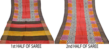 Indian Vintage Heavy Sari Red & Black Pure Khadi Silk Handloom Saree Craft Fabric 5yd Ethnic Wear Dress making For Crafting Quilting