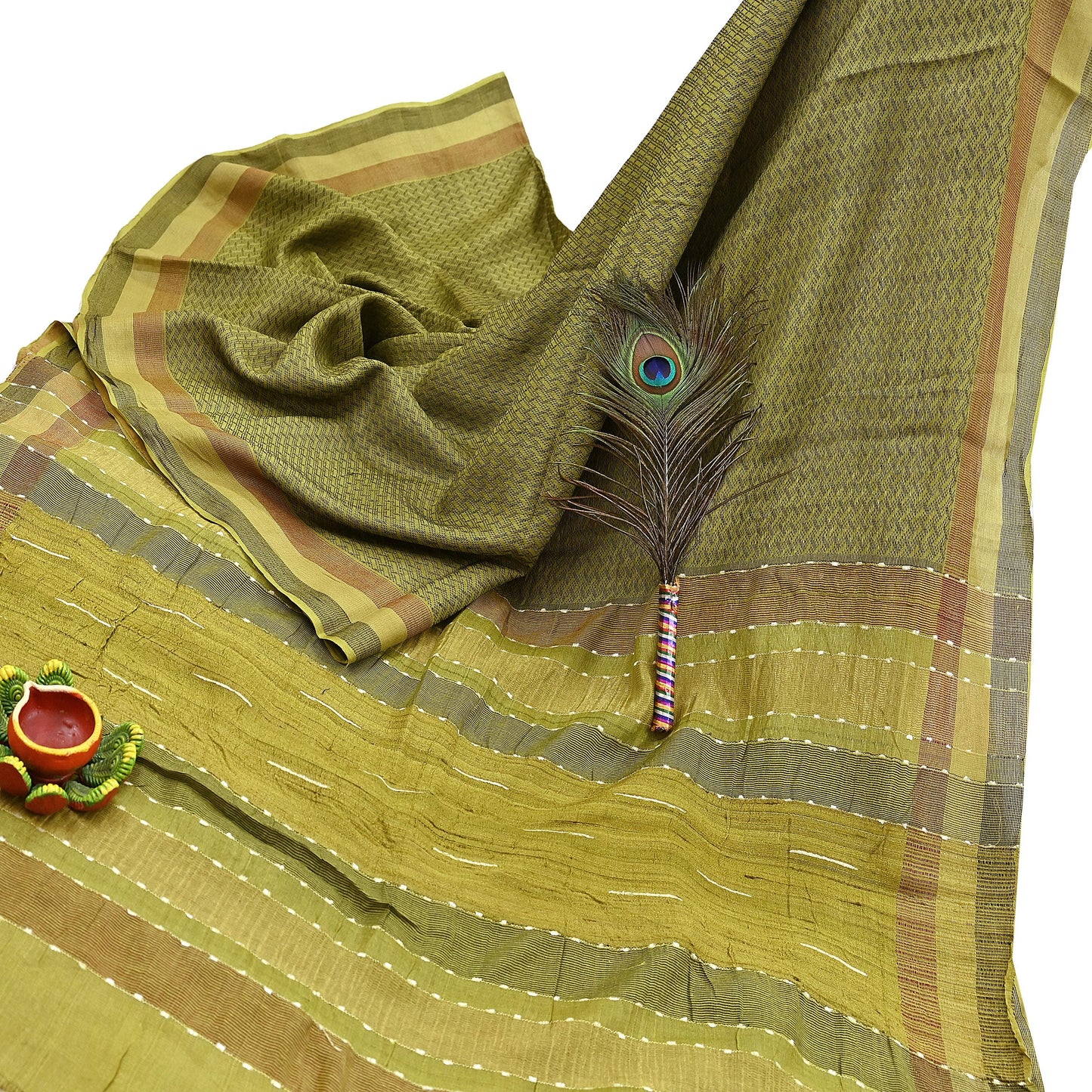 Indian Vintage Heavy Sari Green Pure Khadi Silk Handloom Saree Craft Fabric 6yd Ethnic Wear Dress making For Crafting Quilting