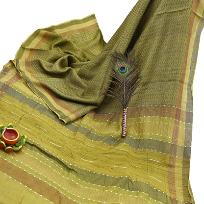 Indian Vintage Heavy Sari Green Pure Khadi Silk Handloom Saree Craft Fabric 6yd Ethnic Wear Dress making For Crafting Quilting