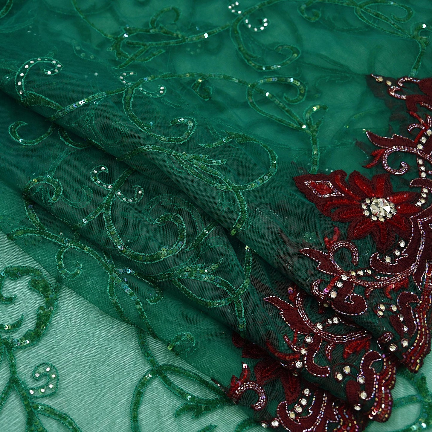 Indian Vintage Heavy Sari Green Net/Mesh Embroidered Sarees Fabric 6Yd Sewing Soft Sequins Floral Zari Bridal/wedding Saris