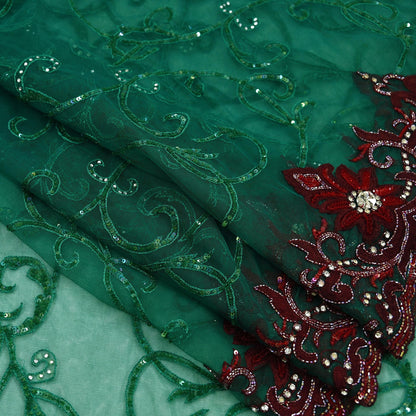 Indian Vintage Heavy Sari Green Net/Mesh Embroidered Sarees Fabric 6Yd Sewing Soft Sequins Floral Zari Bridal/wedding Saris