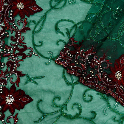 Indian Vintage Heavy Sari Green Net/Mesh Embroidered Sarees Fabric 6Yd Sewing Soft Sequins Floral Zari Bridal/wedding Saris