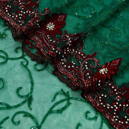 Indian Vintage Heavy Sari Green Net/Mesh Embroidered Sarees Fabric 6Yd Sewing Soft Sequins Floral Zari Bridal/wedding Saris