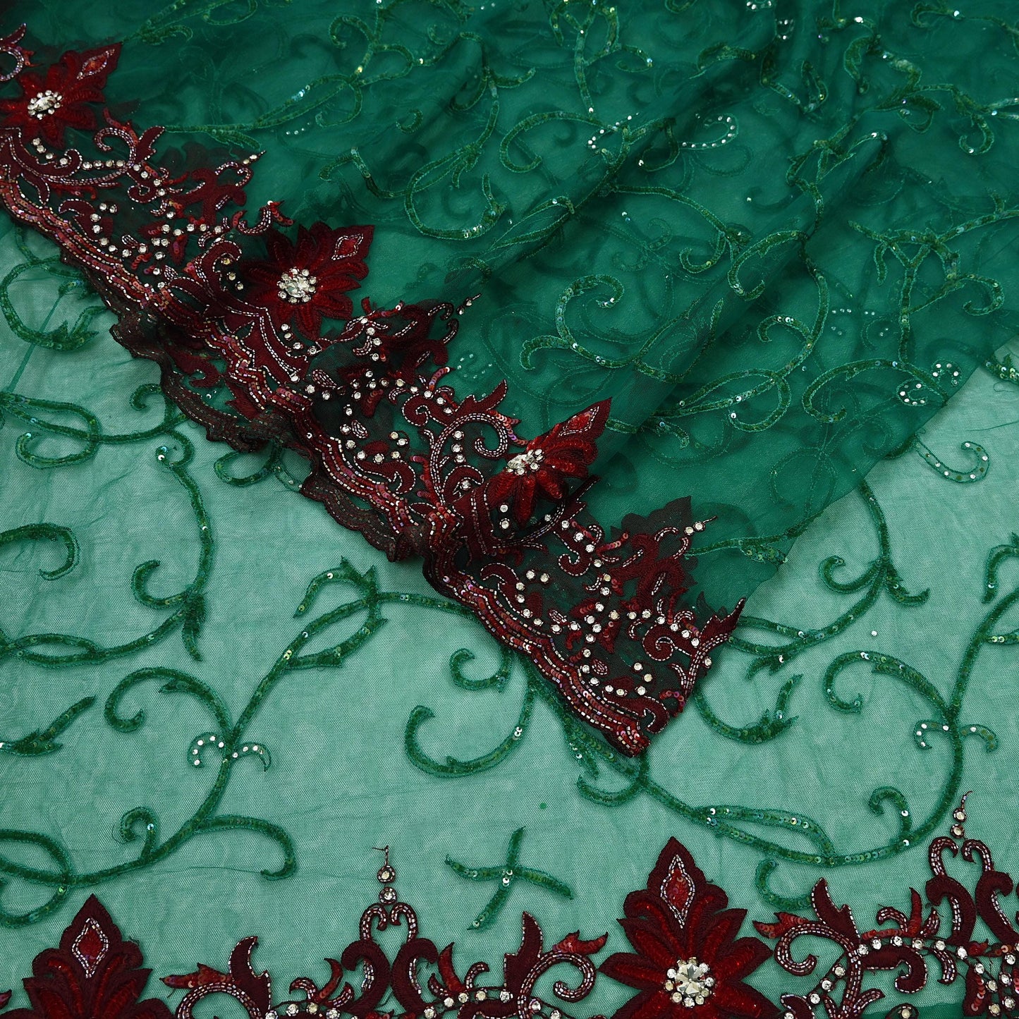 Indian Vintage Heavy Sari Green Net/Mesh Embroidered Sarees Fabric 6Yd Sewing Soft Sequins Floral Zari Bridal/wedding Saris