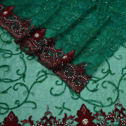 Indian Vintage Heavy Sari Green Net/Mesh Embroidered Sarees Fabric 6Yd Sewing Soft Sequins Floral Zari Bridal/wedding Saris