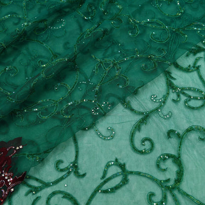 Indian Vintage Heavy Sari Green Net/Mesh Embroidered Sarees Fabric 6Yd Sewing Soft Sequins Floral Zari Bridal/wedding Saris