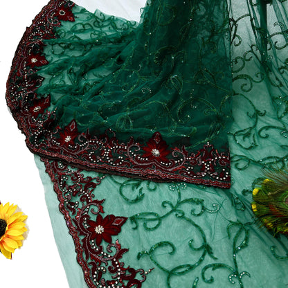 Indian Vintage Heavy Sari Green Net/Mesh Embroidered Sarees Fabric 6Yd Sewing Soft Sequins Floral Zari Bridal/wedding Saris
