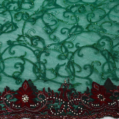 Indian Vintage Heavy Sari Green Net/Mesh Embroidered Sarees Fabric 6Yd Sewing Soft Sequins Floral Zari Bridal/wedding Saris