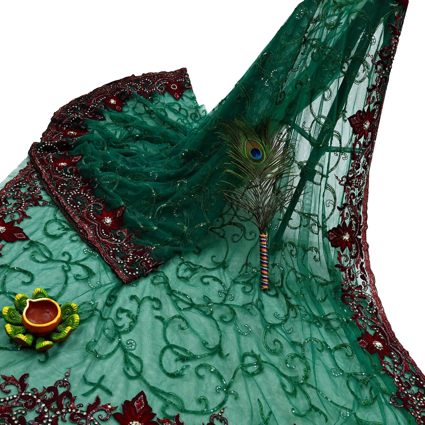 Indian Vintage Heavy Sari Green Net/Mesh Embroidered Sarees Fabric 6Yd Sewing Soft Sequins Floral Zari Bridal/wedding Saris