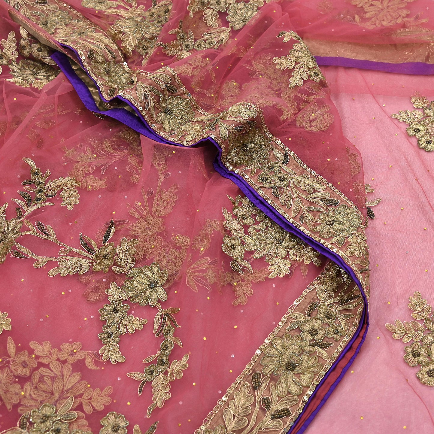 Indian Vintage Heavy Sari Pink Net/Mesh Hand Embroidered Sarees Craft Fabric 6Yd Sewing Soft Zardozi/Dabka Zari Sequins Wedding sarees