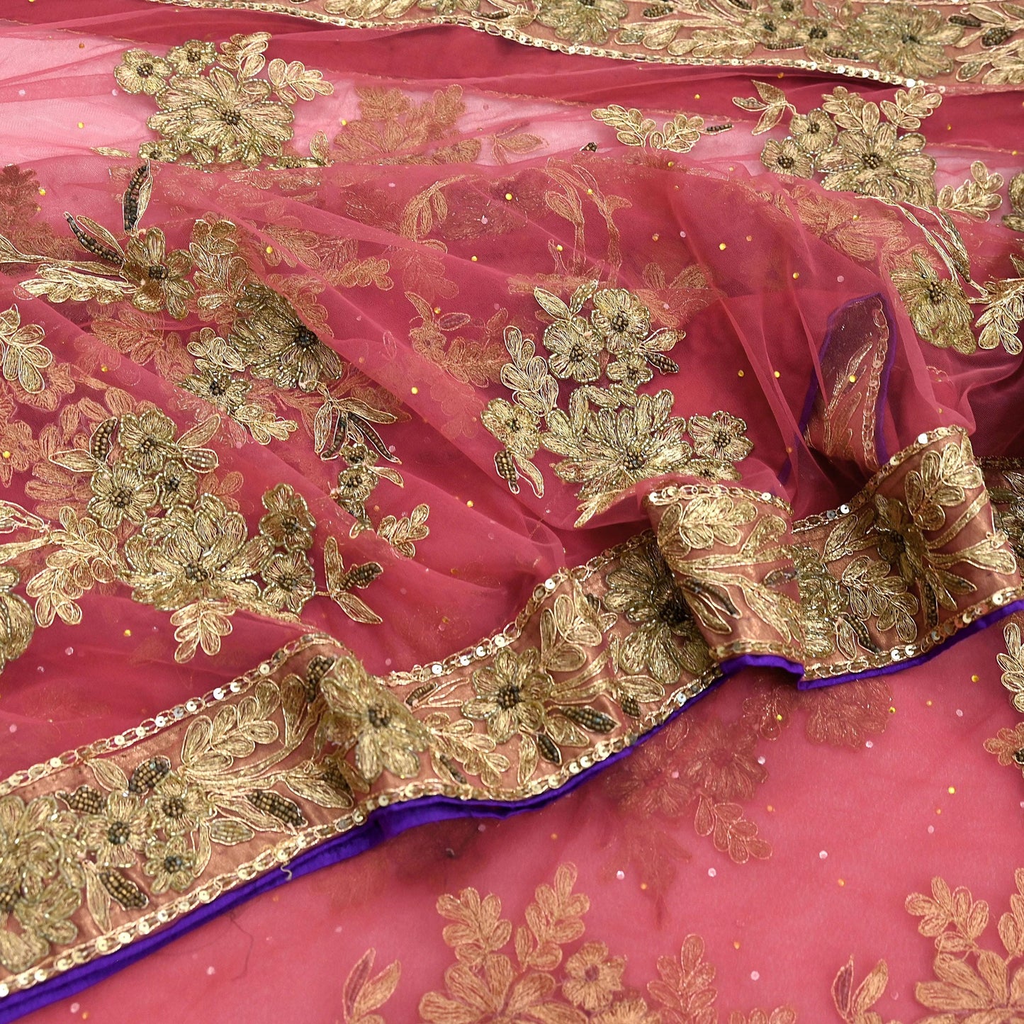 Indian Vintage Heavy Sari Pink Net/Mesh Hand Embroidered Sarees Craft Fabric 6Yd Sewing Soft Zardozi/Dabka Zari Sequins Wedding sarees