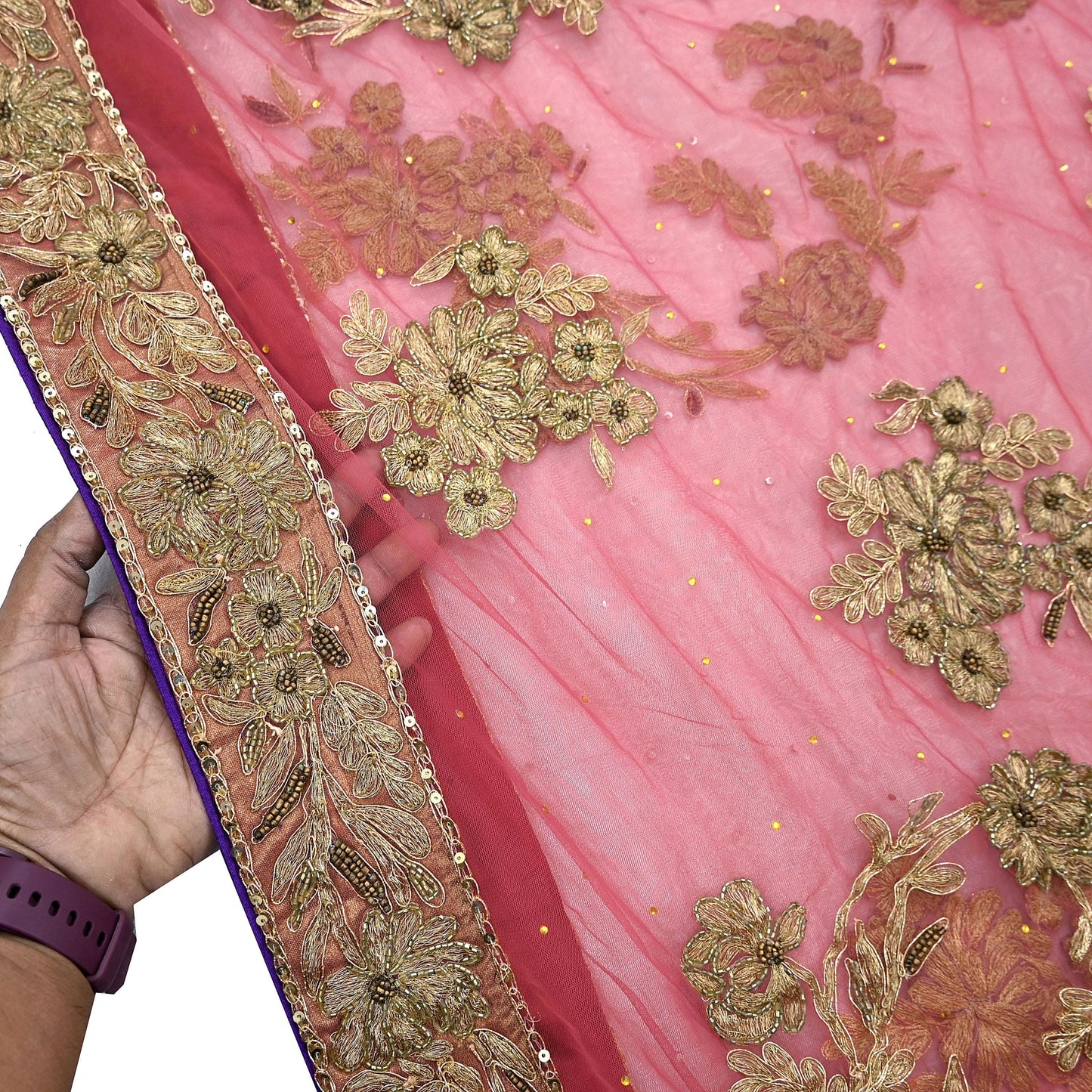 Indian Vintage Heavy Sari Pink Net/Mesh Hand Embroidered Sarees Craft Fabric 6Yd Sewing Soft Zardozi/Dabka Zari Sequins Wedding sarees