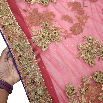 Indian Vintage Heavy Sari Pink Net/Mesh Hand Embroidered Sarees Craft Fabric 6Yd Sewing Soft Zardozi/Dabka Zari Sequins Wedding sarees