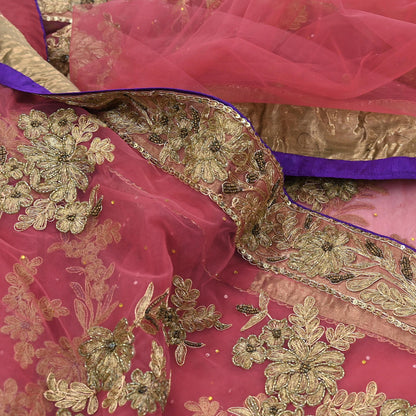 Indian Vintage Heavy Sari Pink Net/Mesh Hand Embroidered Sarees Craft Fabric 6Yd Sewing Soft Zardozi/Dabka Zari Sequins Wedding sarees