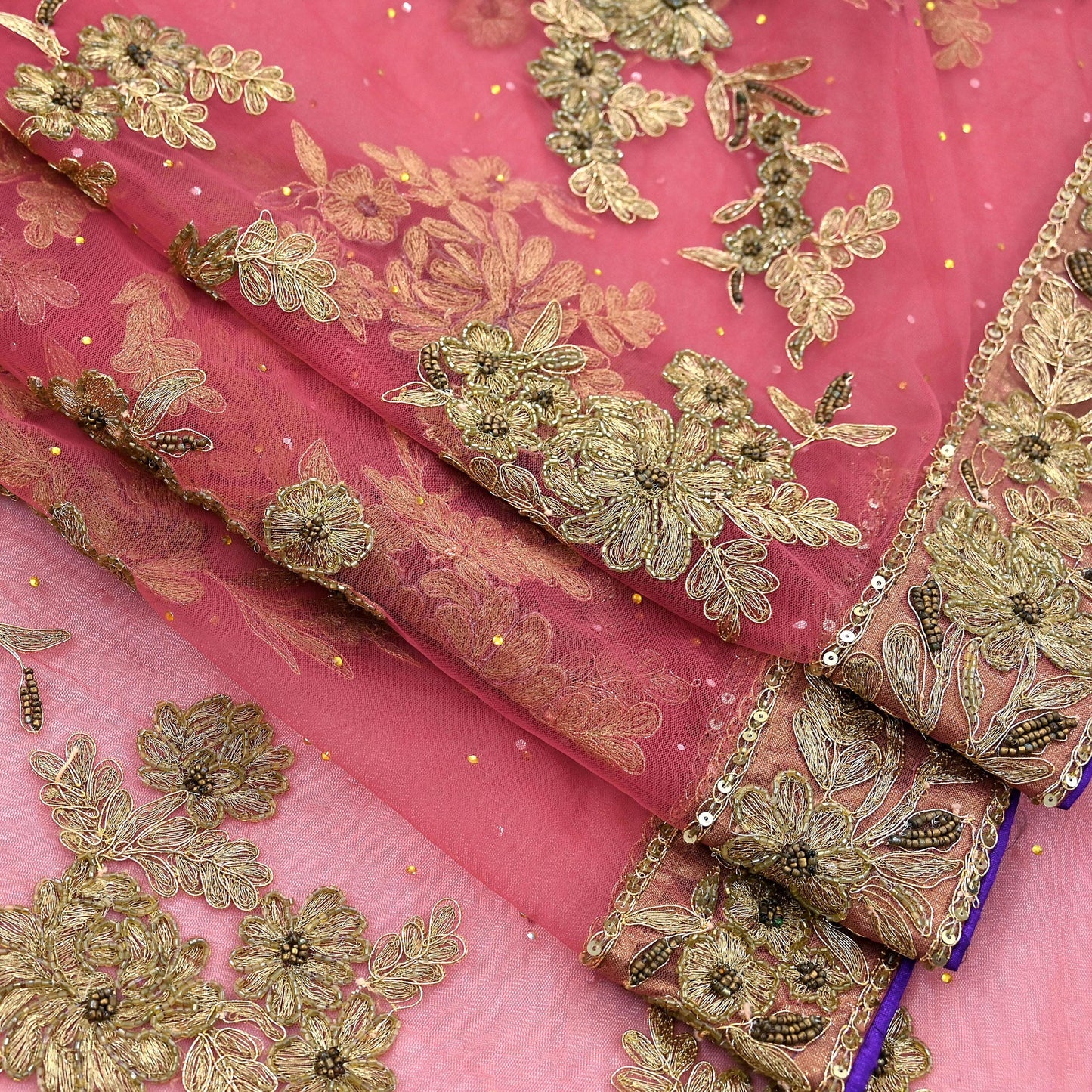 Indian Vintage Heavy Sari Pink Net/Mesh Hand Embroidered Sarees Craft Fabric 6Yd Sewing Soft Zardozi/Dabka Zari Sequins Wedding sarees