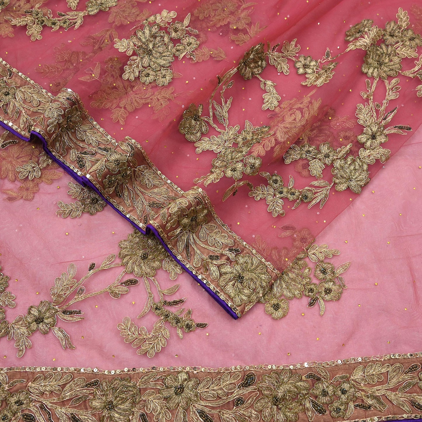 Indian Vintage Heavy Sari Pink Net/Mesh Hand Embroidered Sarees Craft Fabric 6Yd Sewing Soft Zardozi/Dabka Zari Sequins Wedding sarees