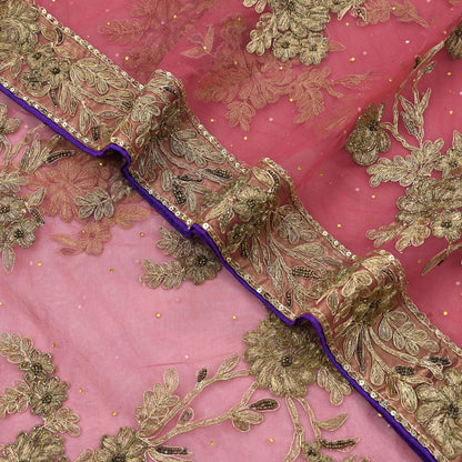 Indian Vintage Heavy Sari Pink Net/Mesh Hand Embroidered Sarees Craft Fabric 6Yd Sewing Soft Zardozi/Dabka Zari Sequins Wedding sarees