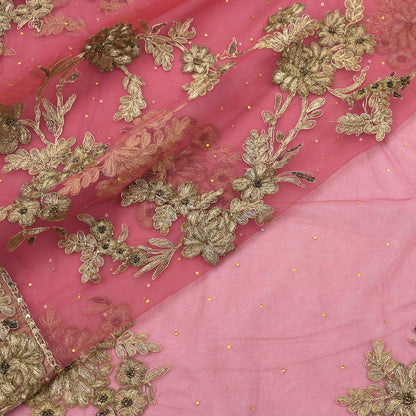 Indian Vintage Heavy Sari Pink Net/Mesh Hand Embroidered Sarees Craft Fabric 6Yd Sewing Soft Zardozi/Dabka Zari Sequins Wedding sarees