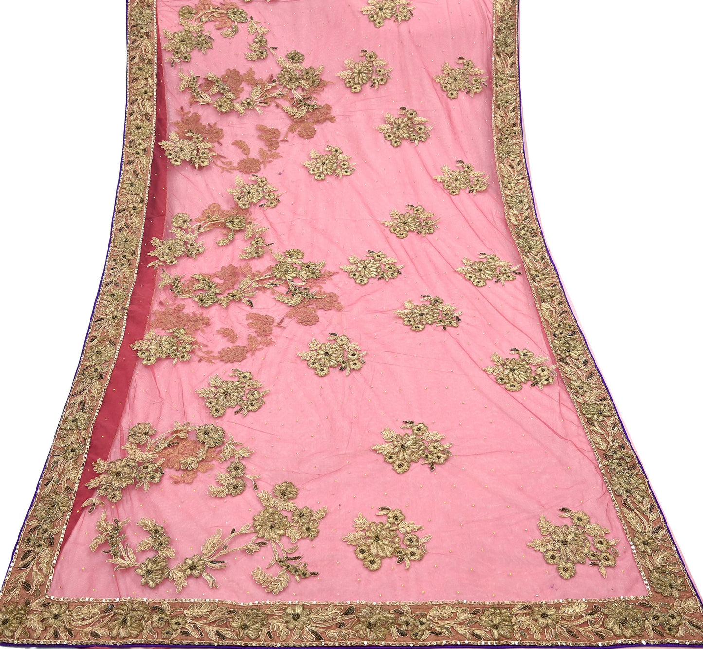 Indian Vintage Heavy Sari Pink Net/Mesh Hand Embroidered Sarees Craft Fabric 6Yd Sewing Soft Zardozi/Dabka Zari Sequins Wedding sarees