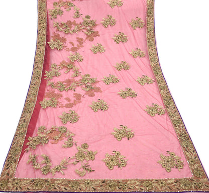 Indian Vintage Heavy Sari Pink Net/Mesh Hand Embroidered Sarees Craft Fabric 6Yd Sewing Soft Zardozi/Dabka Zari Sequins Wedding sarees