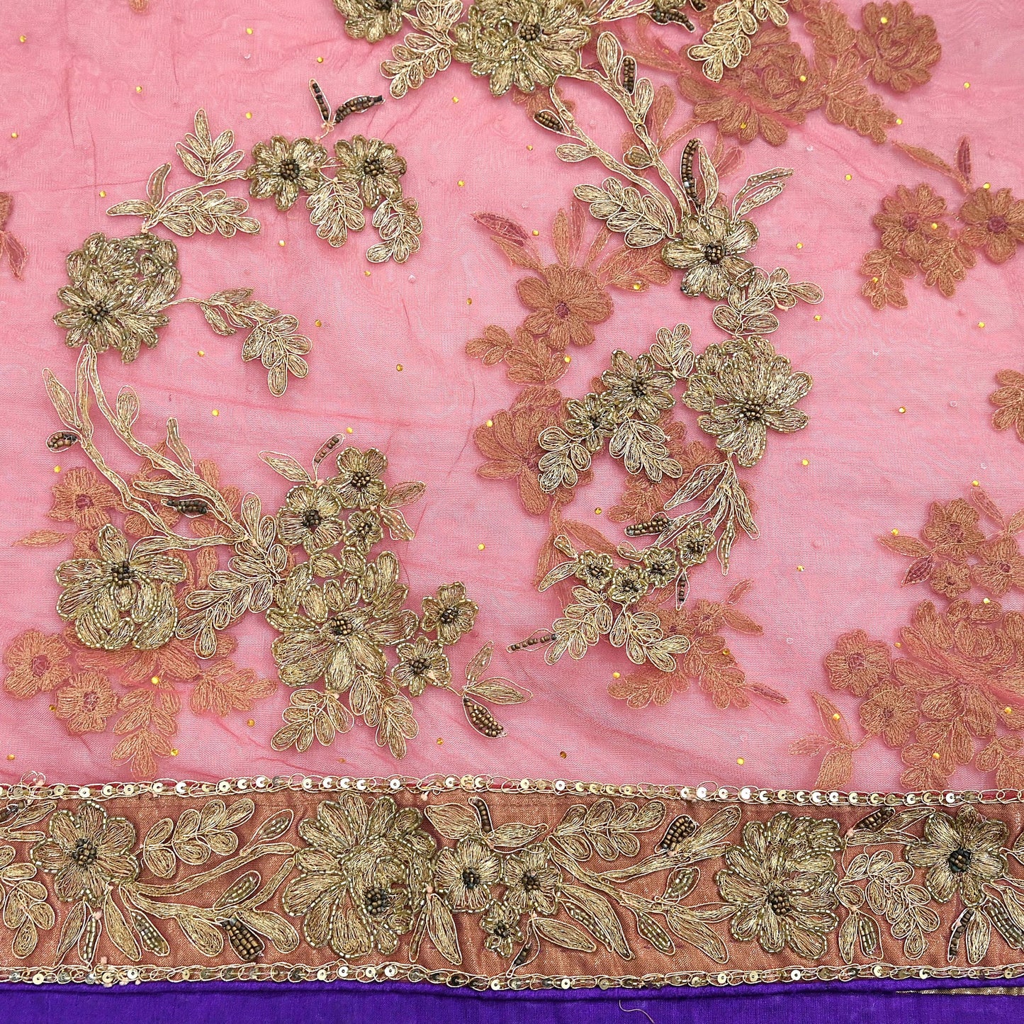 Indian Vintage Heavy Sari Pink Net/Mesh Hand Embroidered Sarees Craft Fabric 6Yd Sewing Soft Zardozi/Dabka Zari Sequins Wedding sarees