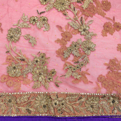 Indian Vintage Heavy Sari Pink Net/Mesh Hand Embroidered Sarees Craft Fabric 6Yd Sewing Soft Zardozi/Dabka Zari Sequins Wedding sarees