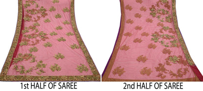Indian Vintage Heavy Sari Pink Net/Mesh Hand Embroidered Sarees Craft Fabric 6Yd Sewing Soft Zardozi/Dabka Zari Sequins Wedding sarees