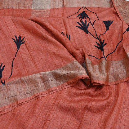 Indian Vintage Peach Saree Pure Khadi Silk Handloom Woven Zari Sari Craft Fabric 5yd Ethnic Wear Border Dress making Upcycle Fringes