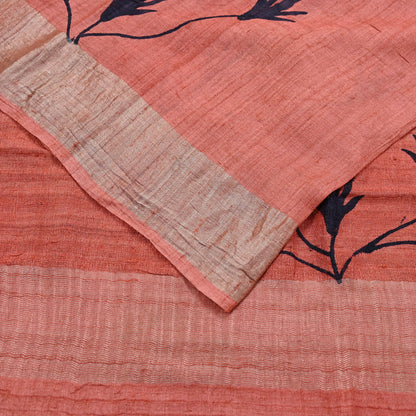 Indian Vintage Peach Saree Pure Khadi Silk Handloom Woven Zari Sari Craft Fabric 5yd Ethnic Wear Border Dress making Upcycle Fringes