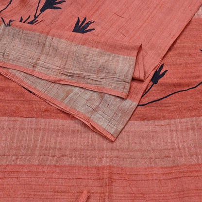 Indian Vintage Peach Saree Pure Khadi Silk Handloom Woven Zari Sari Craft Fabric 5yd Ethnic Wear Border Dress making Upcycle Fringes