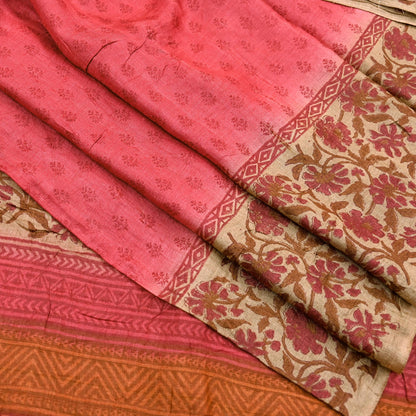 Indian Vintage Peach & Beige Saree Pure Khadi Silk Handloom Printed Sari Fabric 5yd Ethnic Wear Sari Floral Designs Dress making Crafting