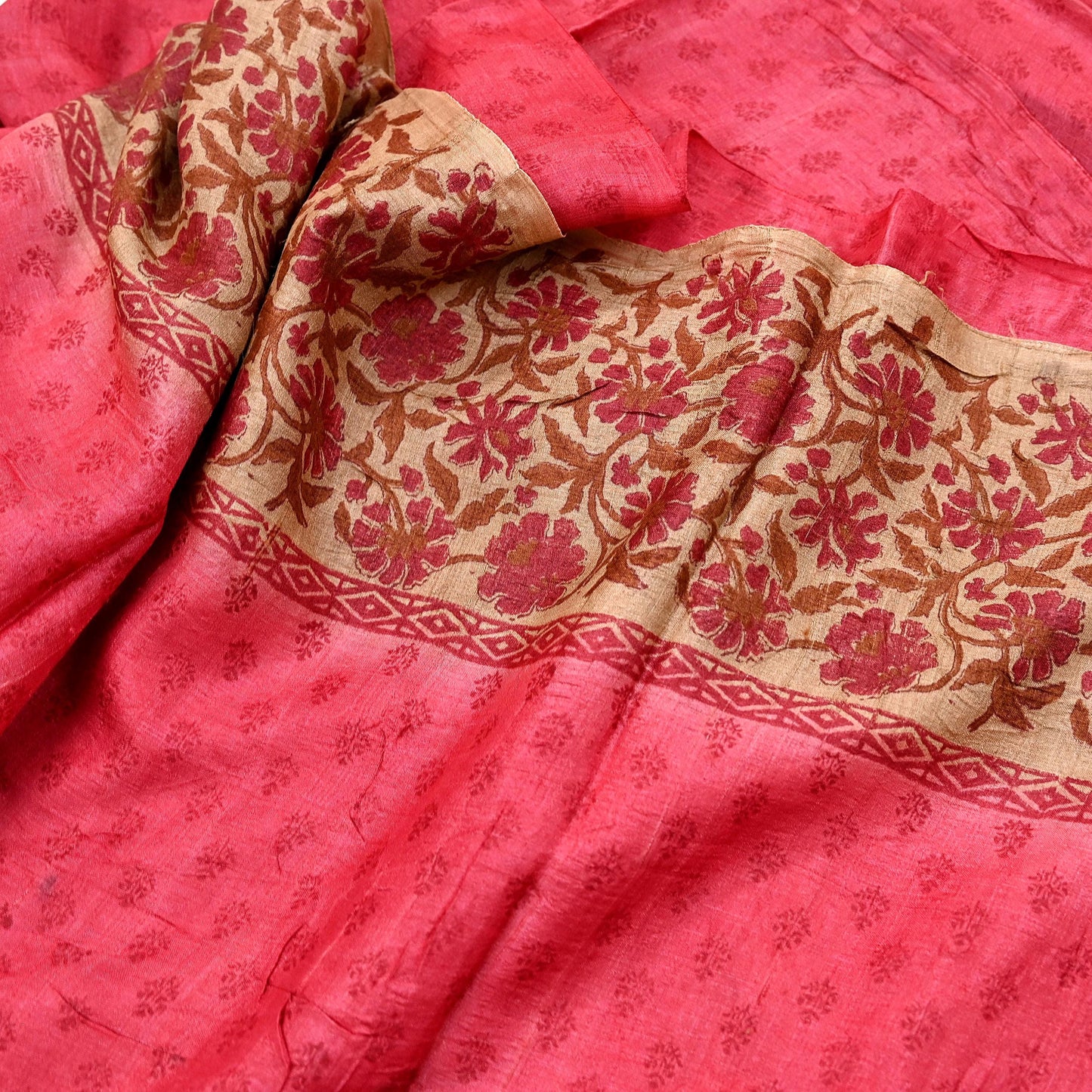 Indian Vintage Peach & Beige Saree Pure Khadi Silk Handloom Printed Sari Fabric 5yd Ethnic Wear Sari Floral Designs Dress making Crafting