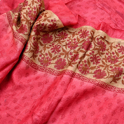 Indian Vintage Peach & Beige Saree Pure Khadi Silk Handloom Printed Sari Fabric 5yd Ethnic Wear Sari Floral Designs Dress making Crafting