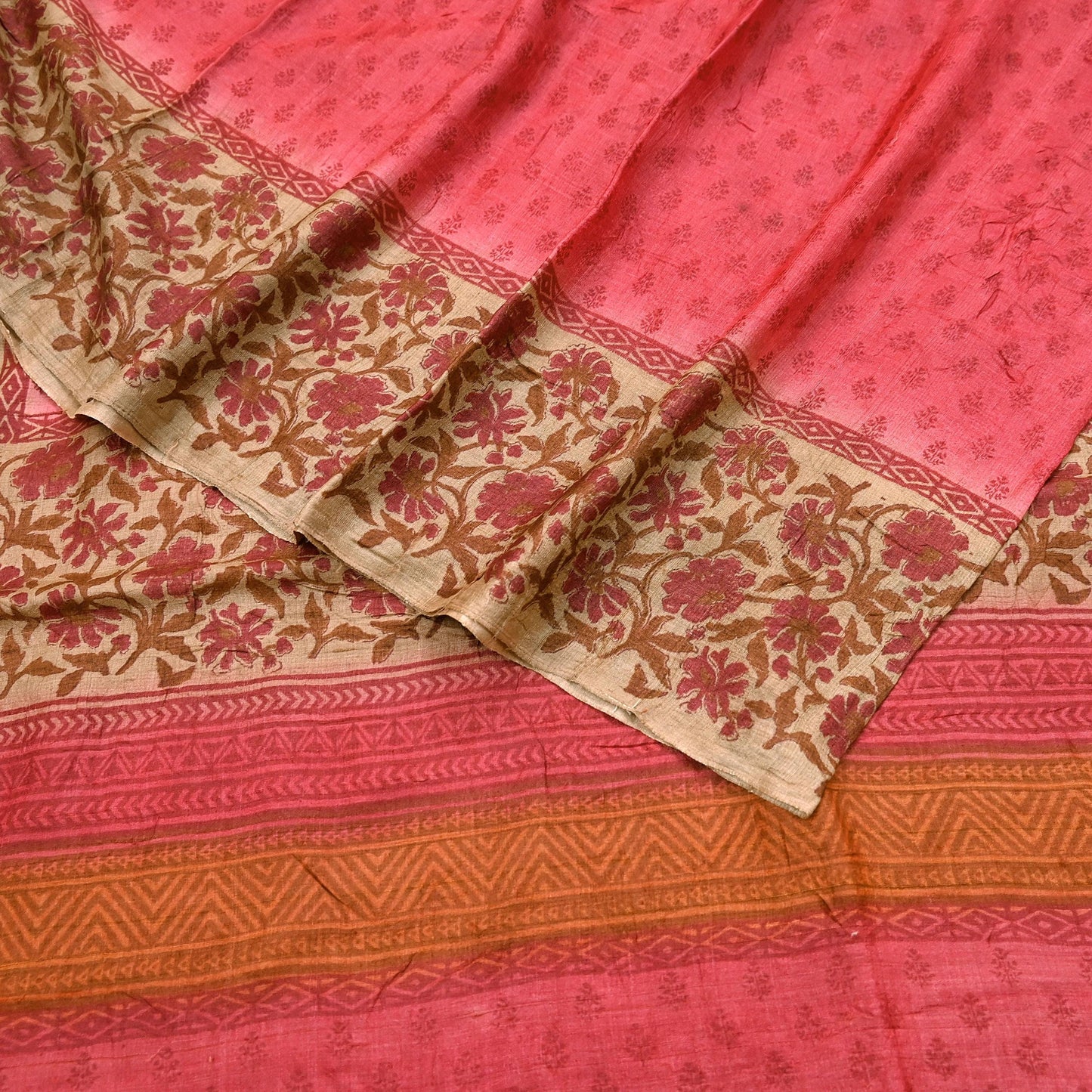 Indian Vintage Peach & Beige Saree Pure Khadi Silk Handloom Printed Sari Fabric 5yd Ethnic Wear Sari Floral Designs Dress making Crafting
