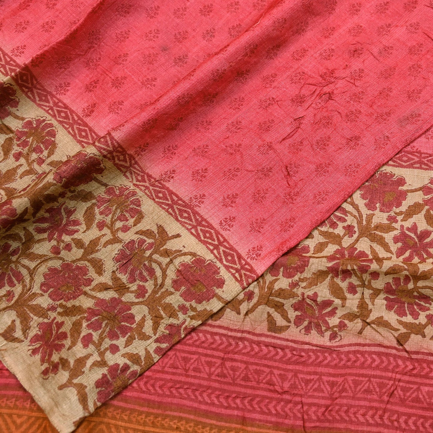 Indian Vintage Peach & Beige Saree Pure Khadi Silk Handloom Printed Sari Fabric 5yd Ethnic Wear Sari Floral Designs Dress making Crafting
