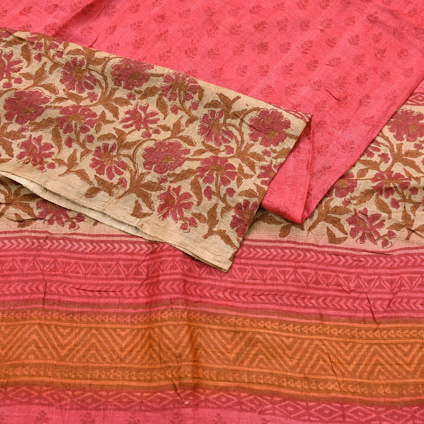 Indian Vintage Peach & Beige Saree Pure Khadi Silk Handloom Printed Sari Fabric 5yd Ethnic Wear Sari Floral Designs Dress making Crafting