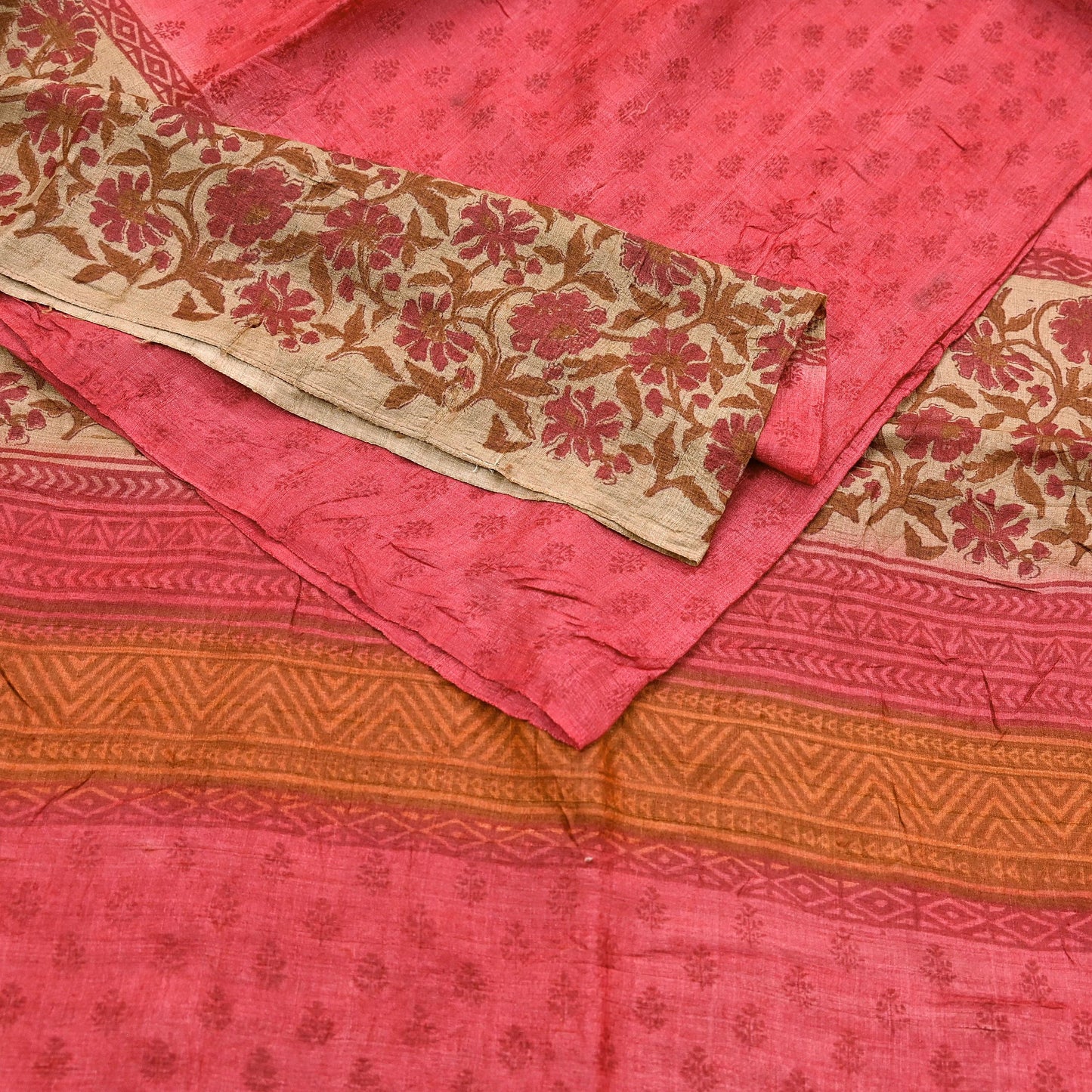 Indian Vintage Peach & Beige Saree Pure Khadi Silk Handloom Printed Sari Fabric 5yd Ethnic Wear Sari Floral Designs Dress making Crafting