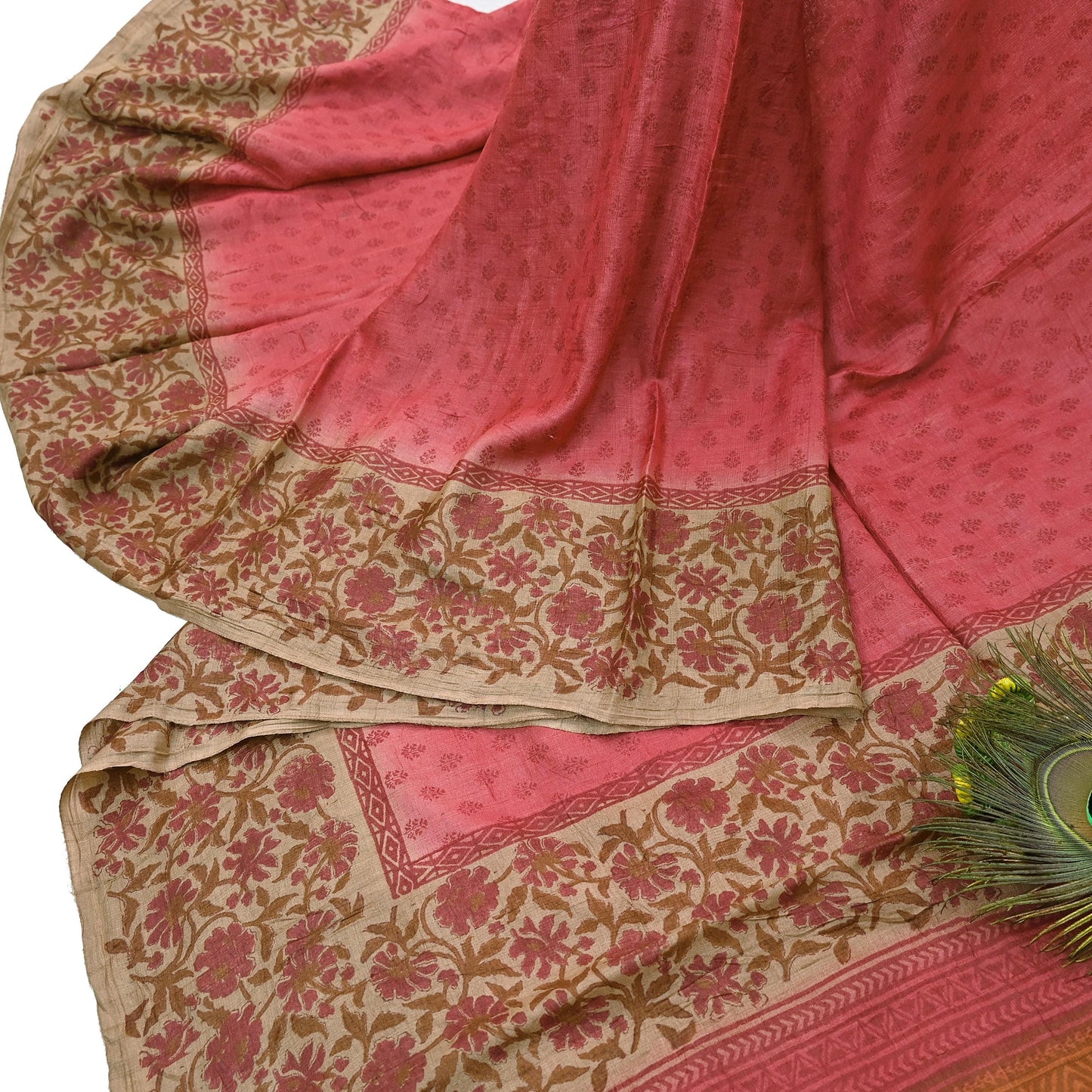 Indian Vintage Peach & Beige Saree Pure Khadi Silk Handloom Printed Sari Fabric 5yd Ethnic Wear Sari Floral Designs Dress making Crafting