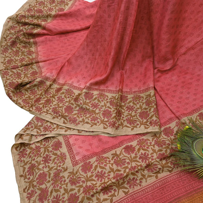 Indian Vintage Peach & Beige Saree Pure Khadi Silk Handloom Printed Sari Fabric 5yd Ethnic Wear Sari Floral Designs Dress making Crafting
