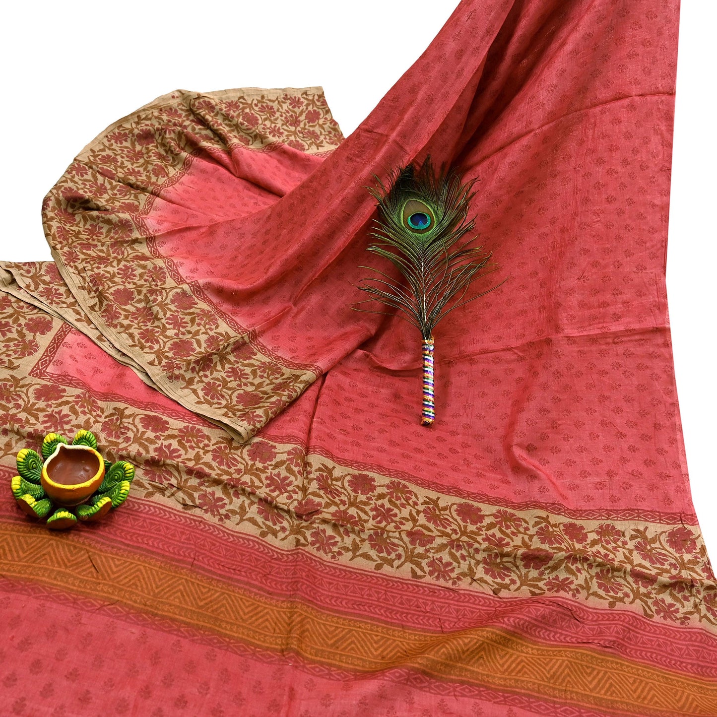 Indian Vintage Peach & Beige Saree Pure Khadi Silk Handloom Printed Sari Fabric 5yd Ethnic Wear Sari Floral Designs Dress making Crafting