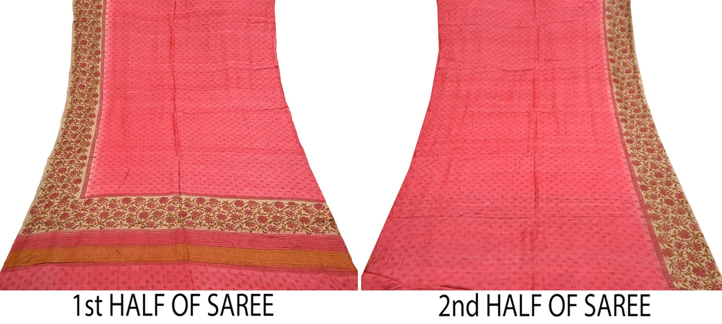 Indian Vintage Peach & Beige Saree Pure Khadi Silk Handloom Printed Sari Fabric 5yd Ethnic Wear Sari Floral Designs Dress making Crafting