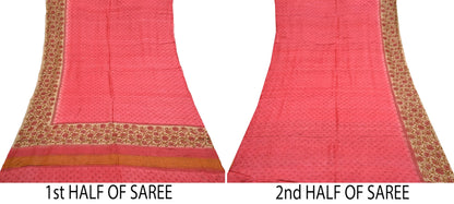 Indian Vintage Peach & Beige Saree Pure Khadi Silk Handloom Printed Sari Fabric 5yd Ethnic Wear Sari Floral Designs Dress making Crafting
