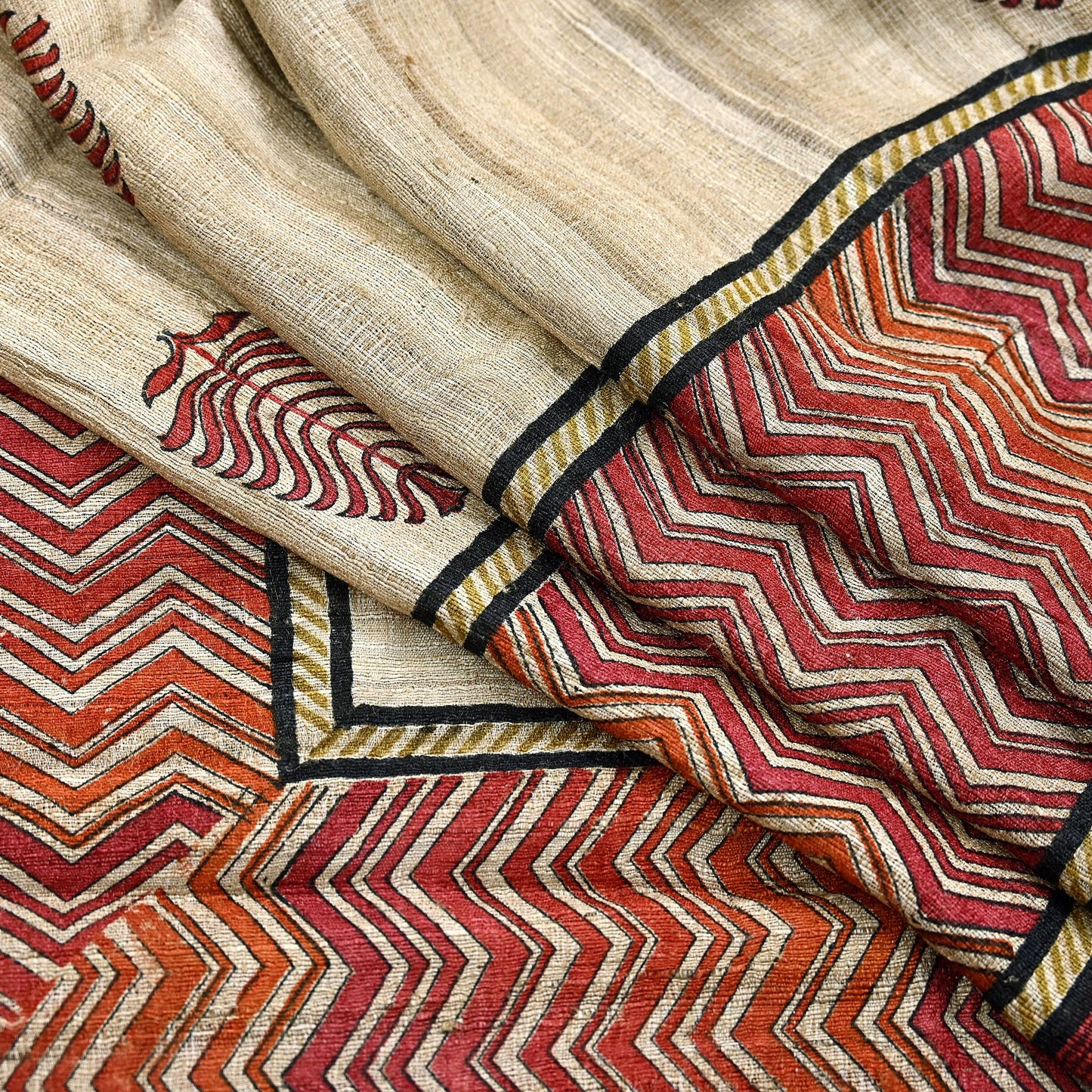 Indian Vintage Beige Dupatta Long Stole 100% Pure Khadi Silk Hand Woven/ Printed Scarves Veil Scarf Wrap Hippie Fringes