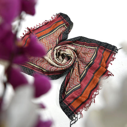 Indian Vintage Beige Dupatta Long Stole 100% Pure Khadi Silk Hand Woven/ Printed Scarves Veil Scarf Wrap Hippie Fringes