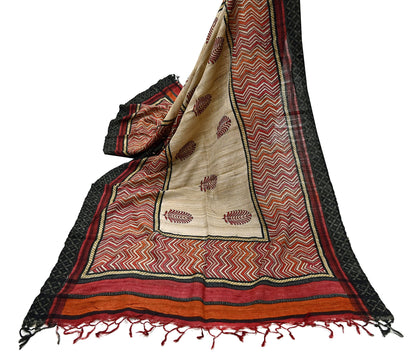 Indian Vintage Beige Dupatta Long Stole 100% Pure Khadi Silk Hand Woven/ Printed Scarves Veil Scarf Wrap Hippie Fringes